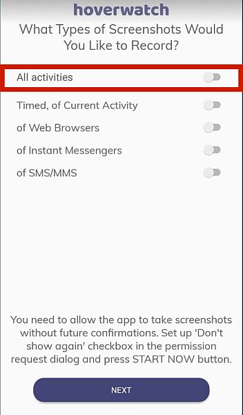 Hoverwatch Type of Screenshots to Record settings page with the All Activities option highlighted