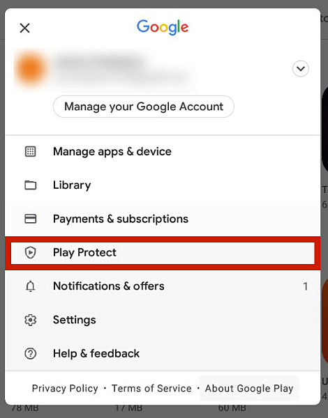 Google profile in Play store with Play Protect option highlighted