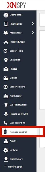 Xnspy sidebar menu with the remote control tab highlighted