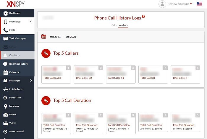 Xnspy phone call history logs analysis tab