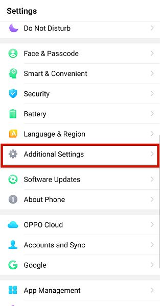 Android settings with the Additional settings option highlighted