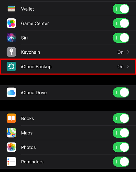 Iphone icloud settings with iCloud backup highlighted