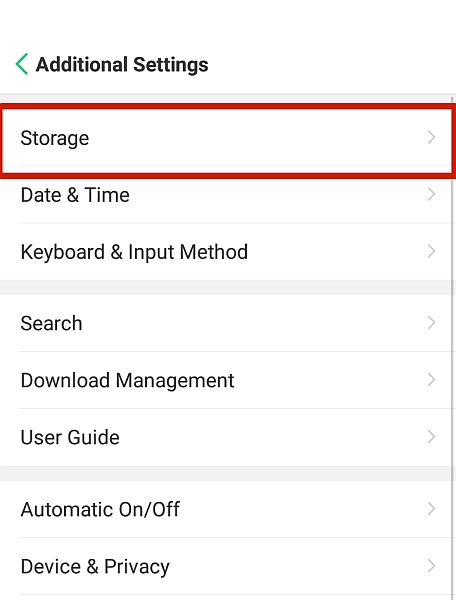 Android Additional settings with Storage tab highlighted