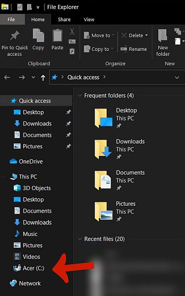 Screen capture of a portion of windows file explorer window with an arrow pointing to pc drive C