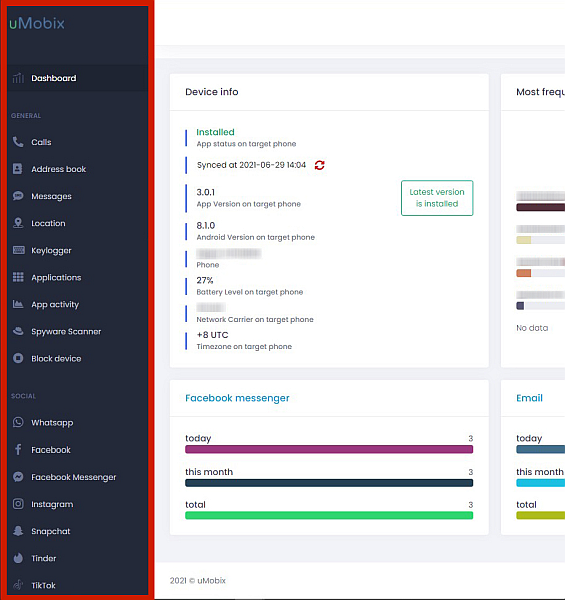 Umobix dashboard with the sidebar highlighted