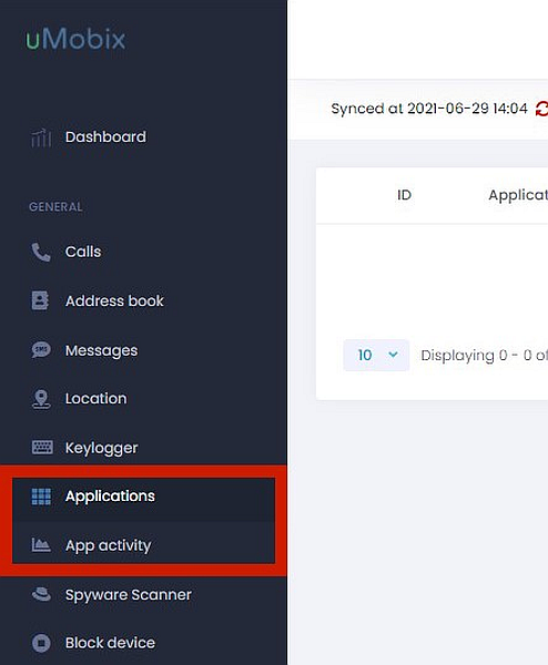 Umobix Sidebar with Applications and App activity monitoring feature highlighted