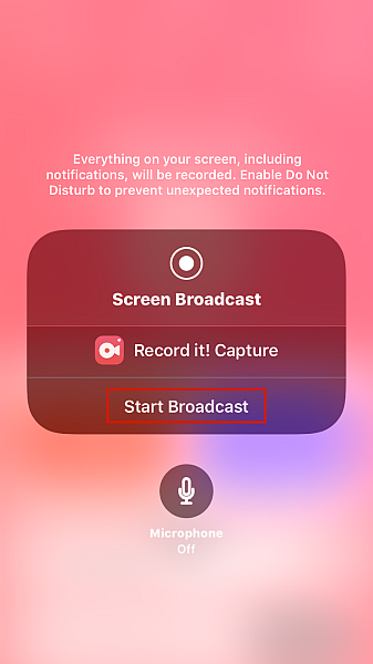 Record it! app pop message with Start Broadcast option highlighted