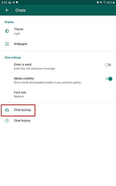 Whatsapp chats settings with chat backup option highlighted
