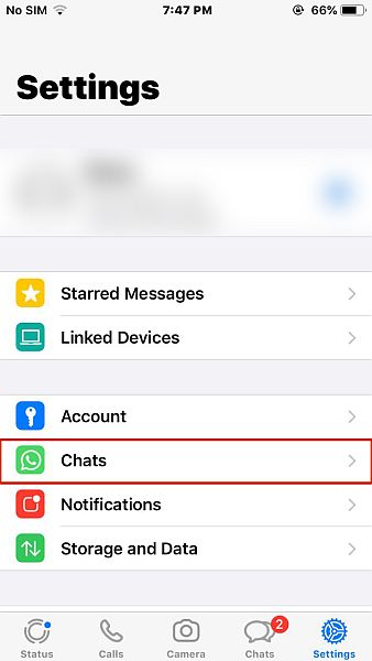 Whatsapp settings with the chats option highlighted