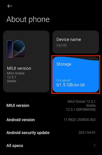 Xiaomi about phone settings tab with the storage option highlighted