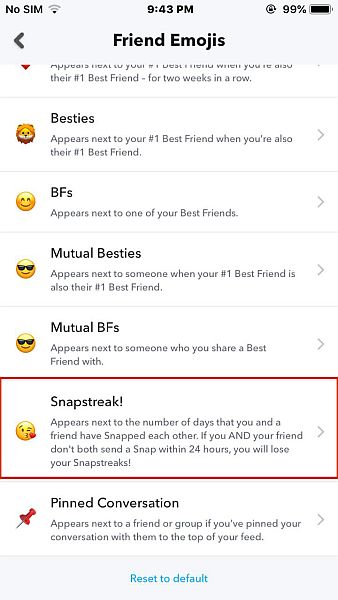 Snapchat for iPhone custom emojis tab with snapstreak option highlighted
