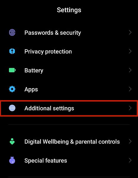 Xiaomi phone settings with the additional settings option highlighted