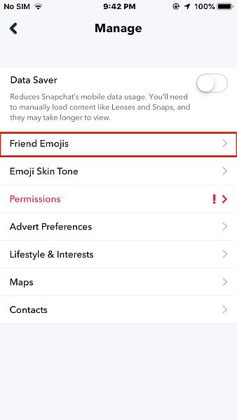 Snapchat manage tab in iPhone with the Friends Emojis option highlighted