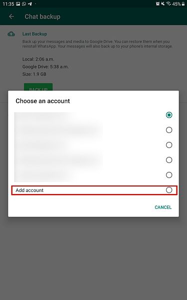 Registered google accounts pop up with the option to add account highlighted