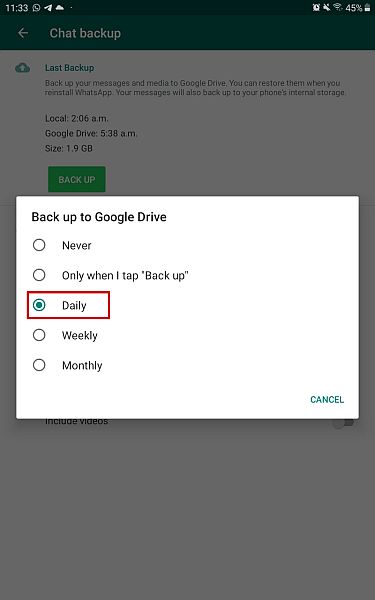 Back up to google drive pop up menu with the daily option highlighted