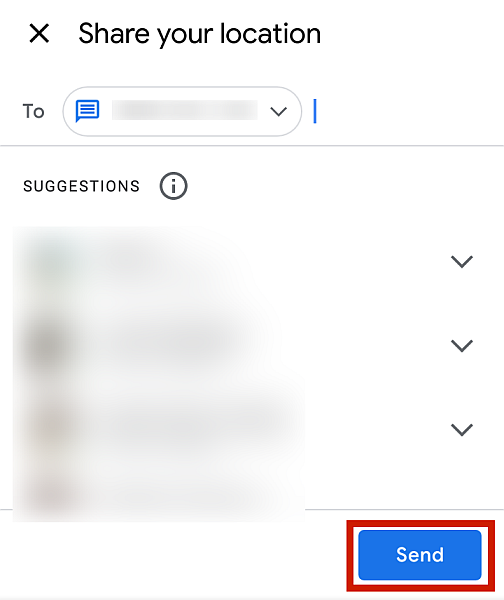 Google maps location sharing with the send button highlighted