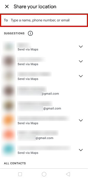 Google maps location sharing feature with the recipient field highlighted and the recipient suggestions showing