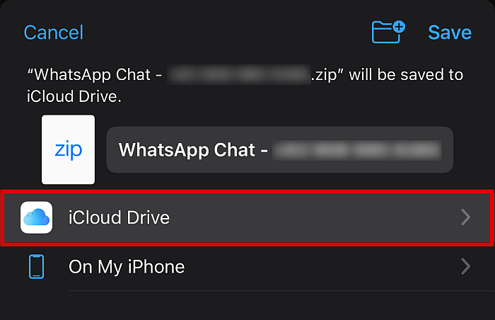 Whatsapp chat export save to files action with the icloud drive option highlighted