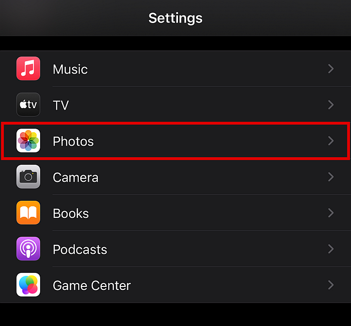 Iphone settings with the photos option highlighted