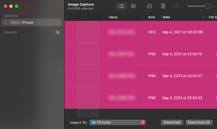 Image capture interface in mac with the detected pictures in the connected iphone being highlighted