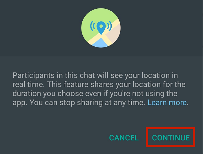 Whatsapp warning for real time location sharing with the continue button highlighted