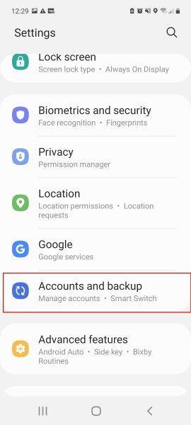 Samsung phone settings with the accounts and backup option highlighted