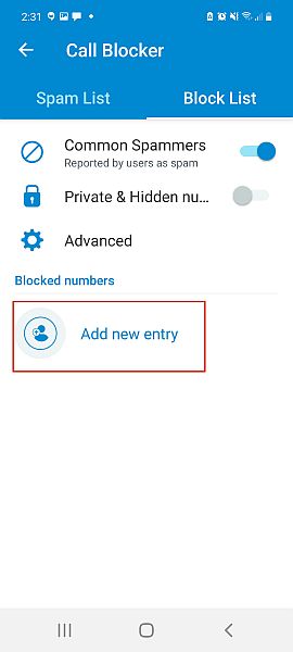 Callapp call blocker feature showing an block list tab with the add new entry button highlighted