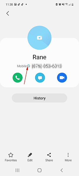 Contact information screen in samsung phone with the blocked indicator highlighted