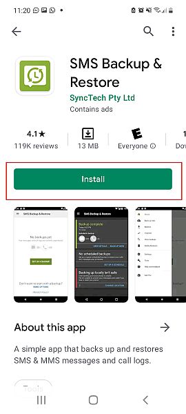 Sms backup and restore app in google play with the install button highlighted