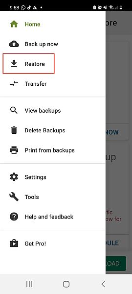 Back up and restore app side bar menu with the restore option highlighted