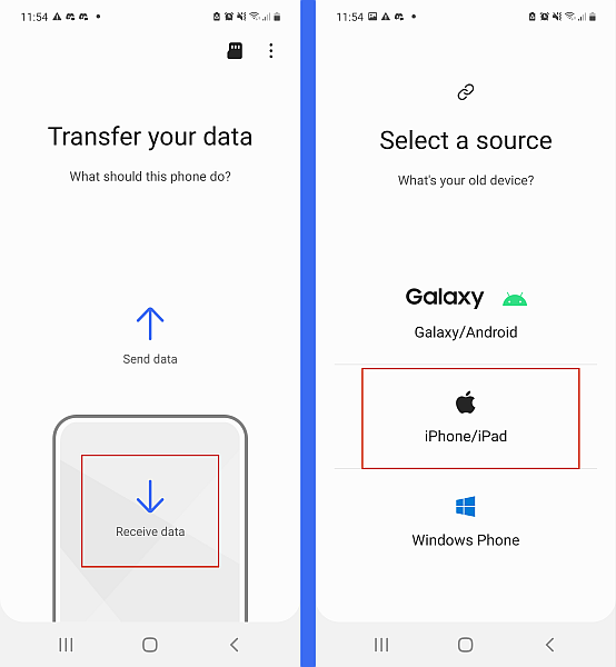 Samsung smart switch transfer your data screen and select a source screen