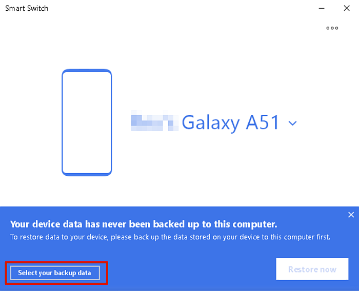 Samsung smart switch data backup warning with the select your backup data button highlighted