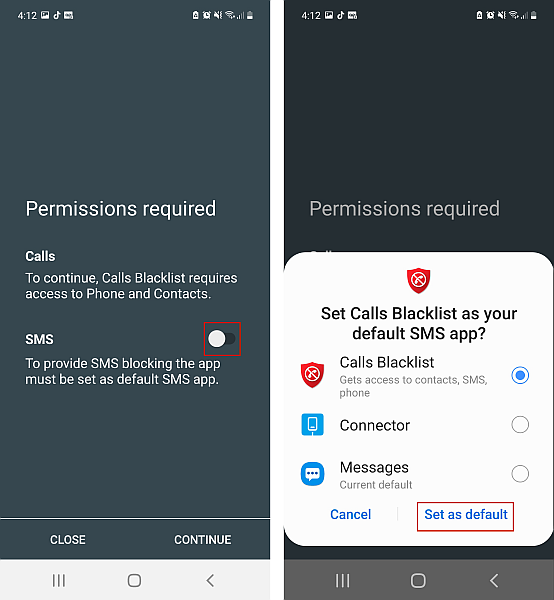 Calls blacklist granting permission and setting as default sms app