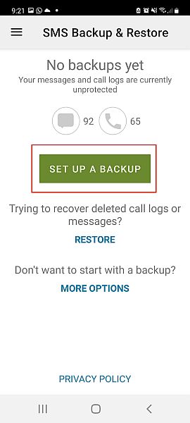 Sms back up and restore ui with the set up a back up button highlighted