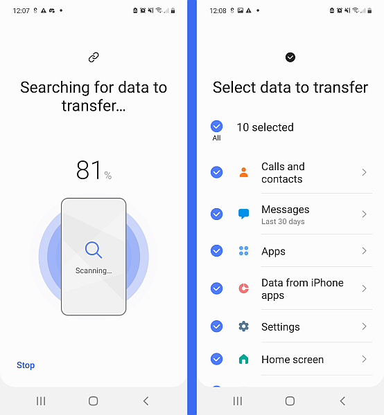 Data detection process in samsung smart switch app