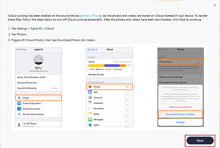 Mobiletrans instructions and illustrations to turn off icloud on source device