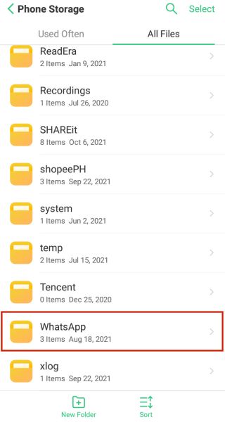 Android phone storage folder with the all files category selected and the whatsapp folder highlighted