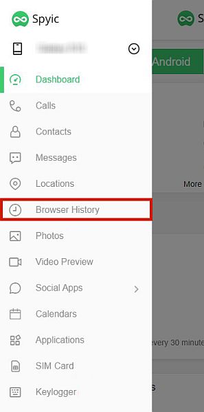 Spyic sidebar with the browser history option highlighted