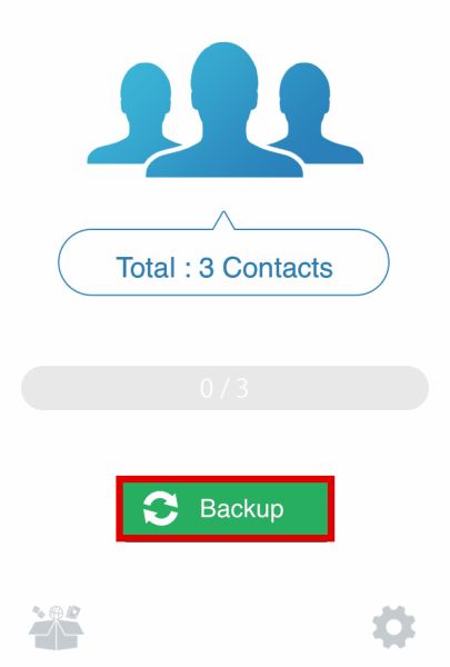 My contacts backup main screen with the backup button highlighted