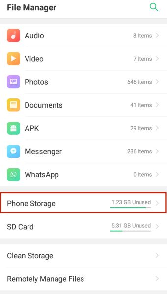 File manager app in android with the phone storage option highlighted