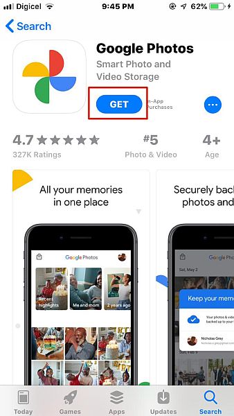 Google photos app page in app store