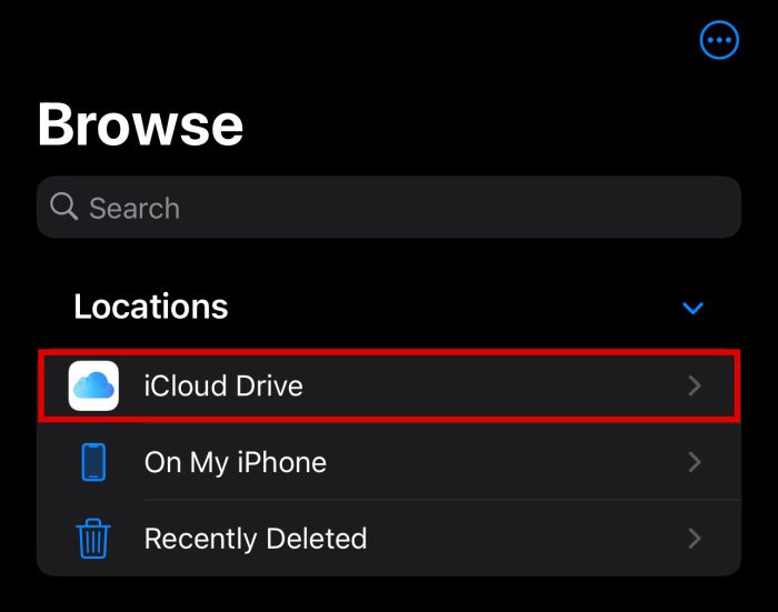 iPhone files app with the icloud drive option highlighted