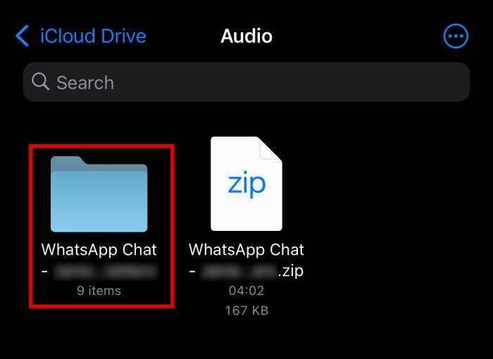 iCloud drive audio folder with the whatsapp chat extracted folder highlighted