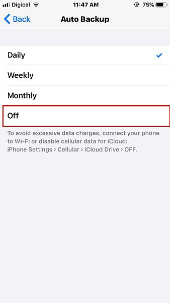 Turning off auto backup option in whatsapp for ios