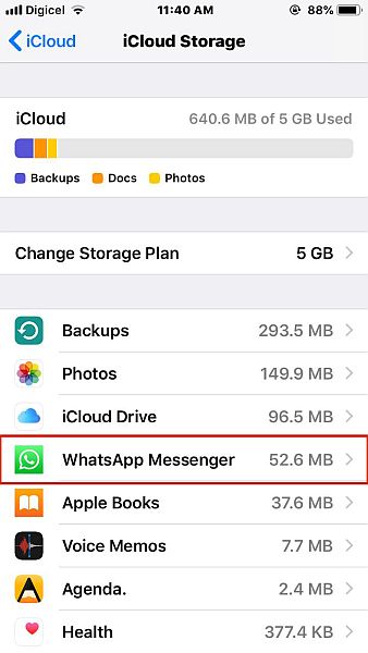 icloud storage settings with the whatsapp messenger option highlighted