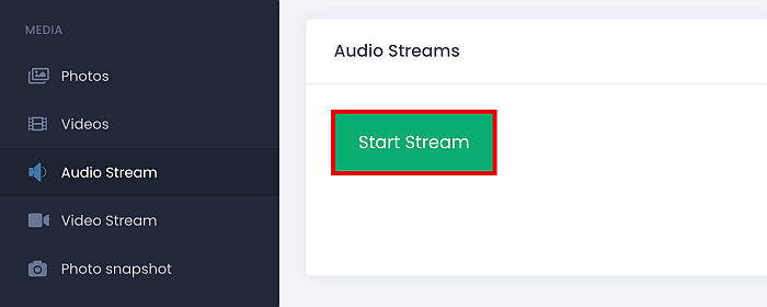 Umobix Audio Stream feature with the start stream button highlighted