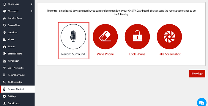 Xnspy remote control feature with the record surround option highlighted