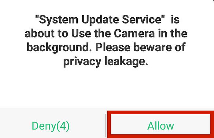 Android camera access pop up message