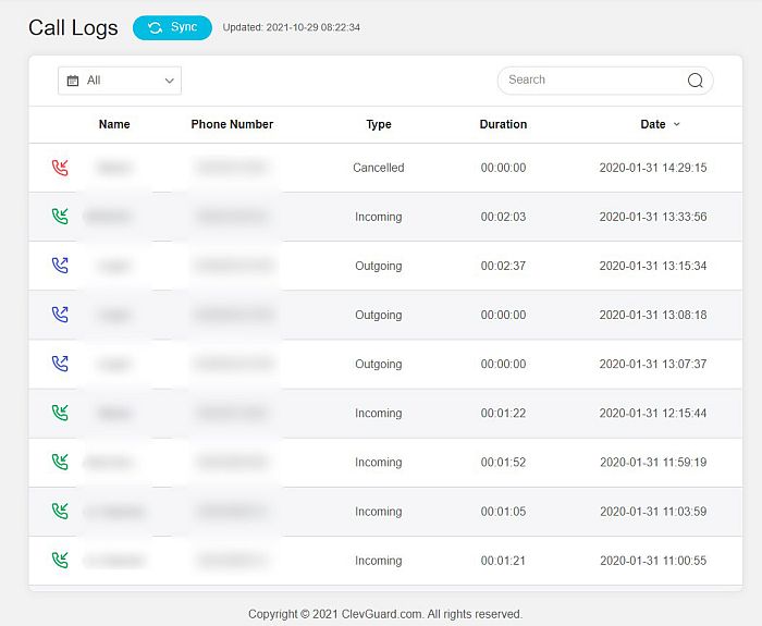 Call logs in fetched from target device in kidsguard pro