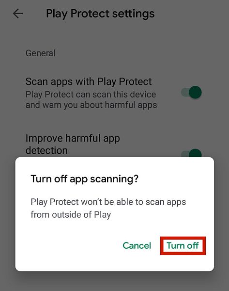 Turn off app scanning pop up for android